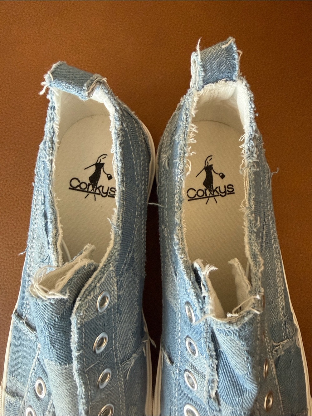 Corky’s Babalu Frayed Light Blue Denim Slip-On Sneakers - NWOT, 8 - Picture 2 of 7